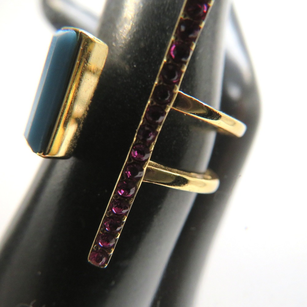 Gold Tone Geometric Double Band Ring Pink Crystal Bar Imitation Turquoise